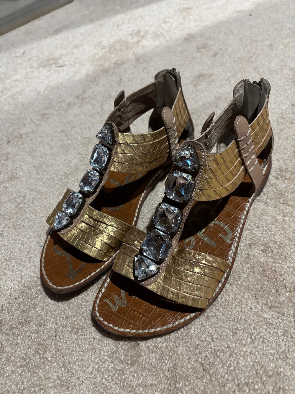 Sam Edelman Gold Croc-Effect Jeweled T-Strap Sandals - Picture 2 of 6